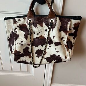 Cow Print Shoulder Bag with Chain Strap